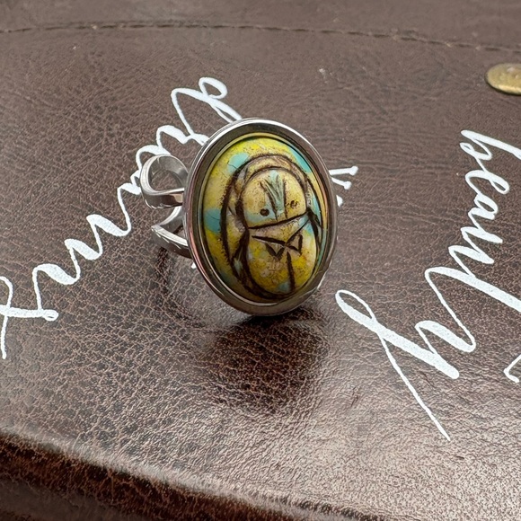 Handmade Vintage Czech Glass Scarab Ring | Boho Adjustable Stainless Steel - Picture 1 of 9